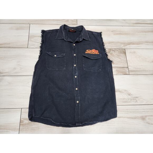 BIKER DESIGN Black Denim Eagle Flag Graphic Cut-Off shirt Biketoberfest 2001 L - Picture 1 of 4